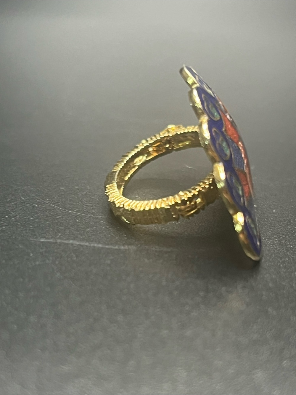 Vintage Cloisonné Peacock Adjustable Ring Blue Enamel Gold Tone - Picture 2 of 9